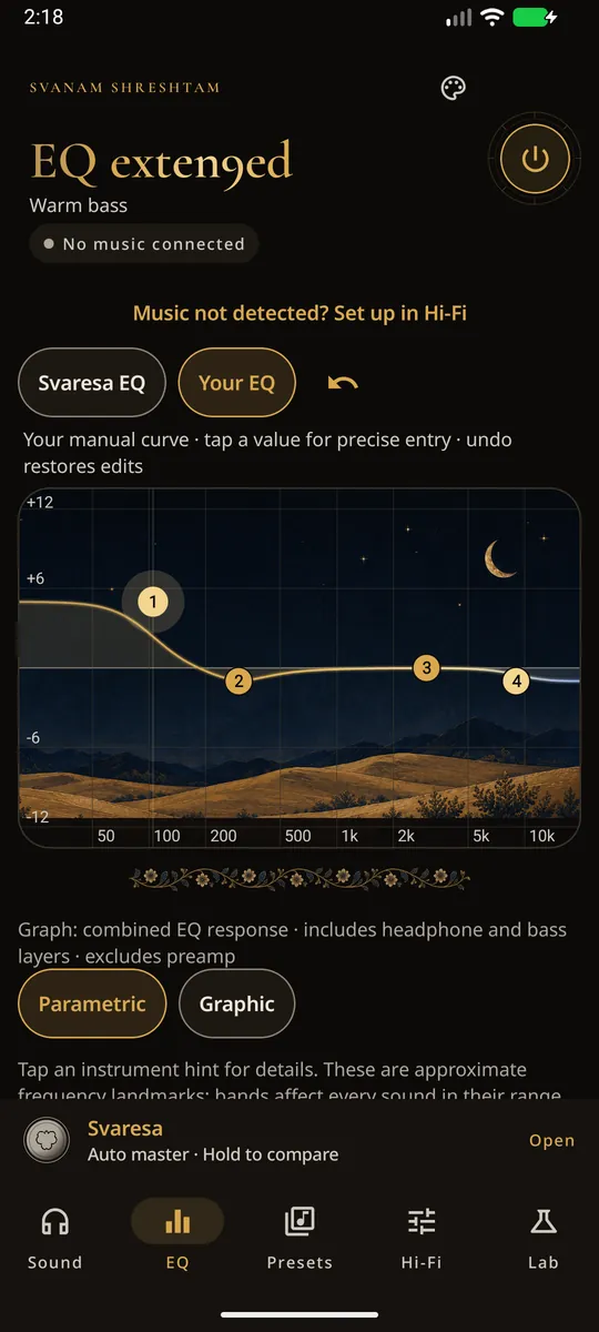 EQ screen: four numbered bands on a curve over the night desert.