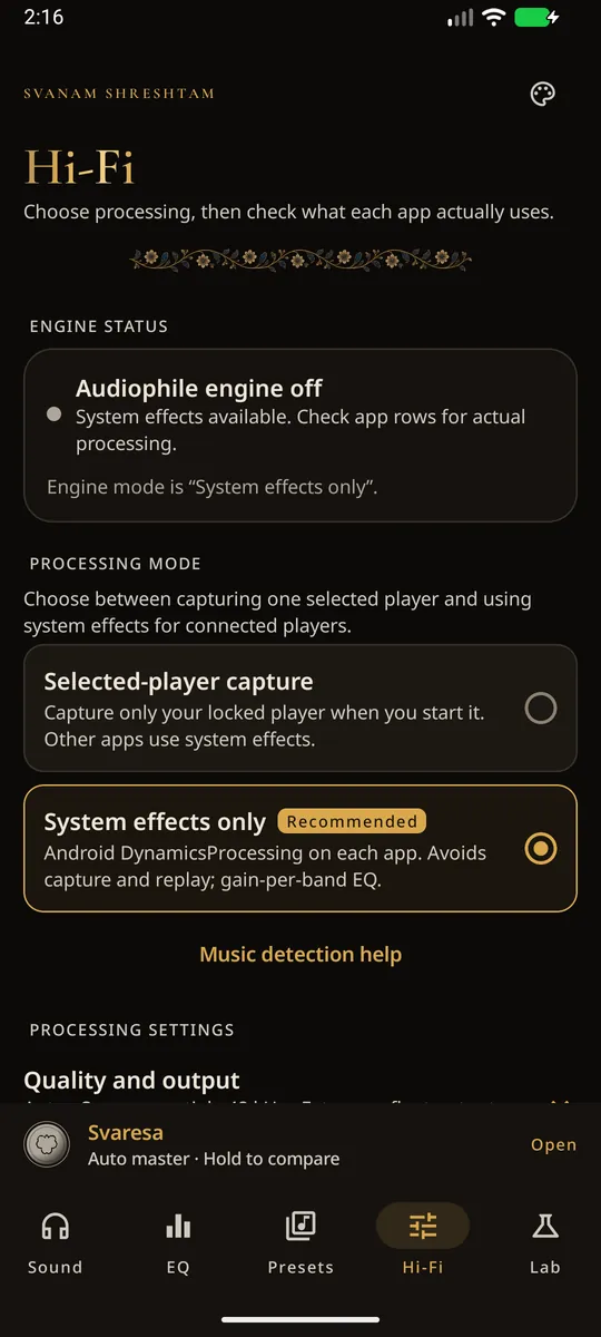 Hi-Fi screen: engine status, then a choice between selected-player capture and system effects only.