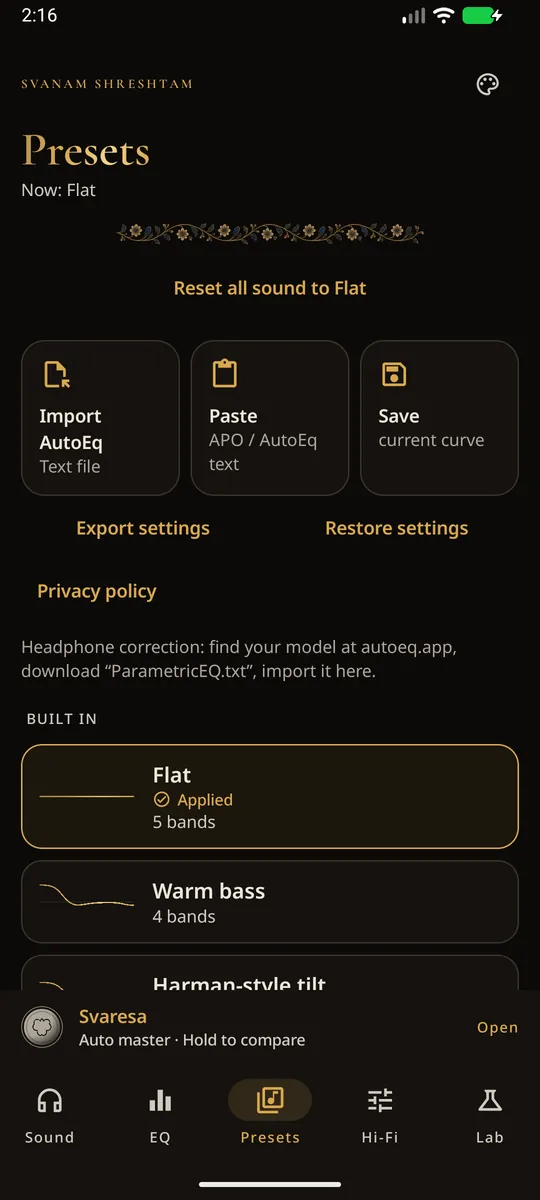 Presets screen: import, paste and save options above a list of built-in presets, with Flat applied.
