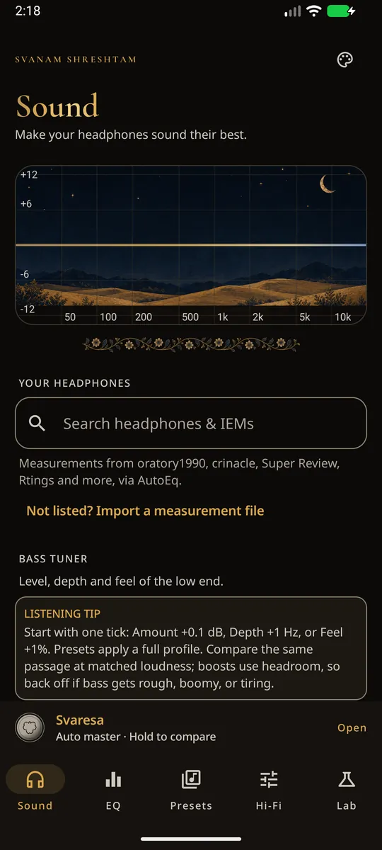 Svan's Sound screen: headphone search above an EQ graph drawn over a night desert.